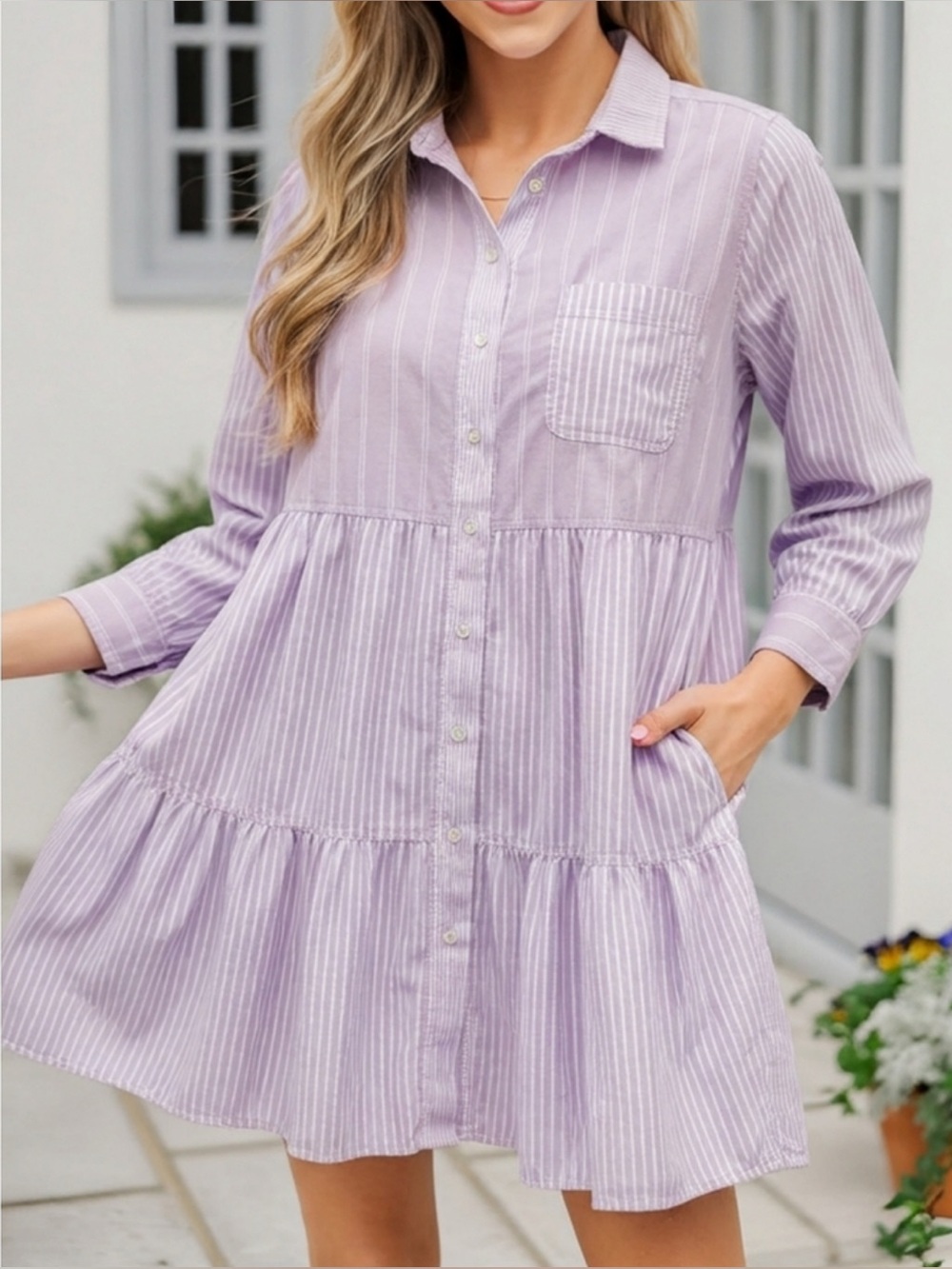 LOFT Lilac Striped Button-Front Tiered Shirt Dress